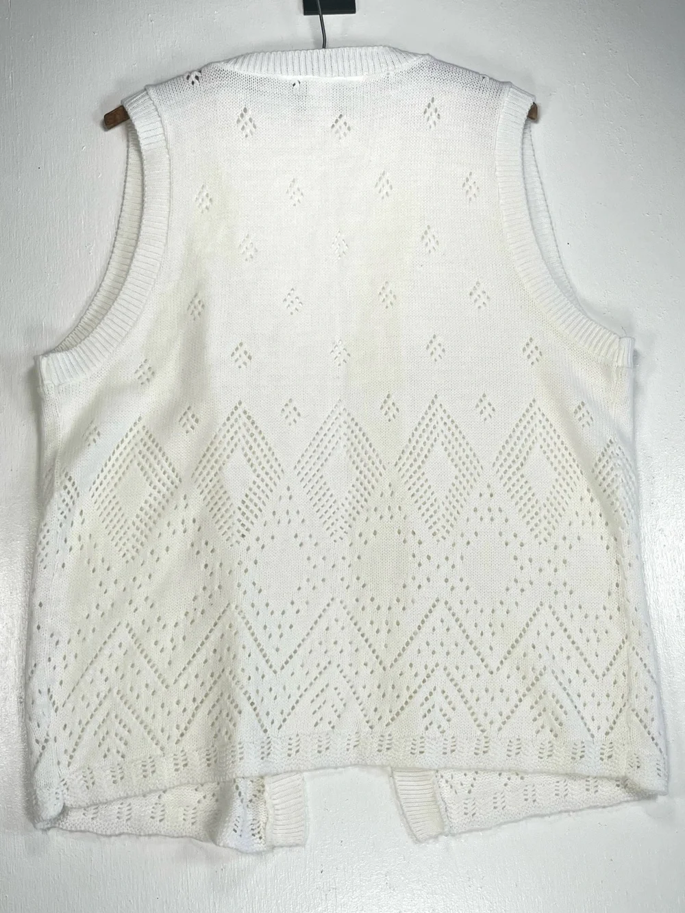 Blair Vintage White Pointelle Knit Open Front Sweater Vest Medium Crochet Boho